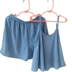 Set of 2 Pcs: Light Blue Shoulder Bell Sleeve Top & Shorts - Girls XL (10-11Y)